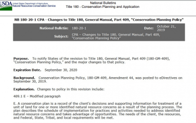 National Bullet-NB-180-20-1, CPA-Title 180에 대한 변경, 일반 매뉴얼, 파트 409, "보존 계획 정책"