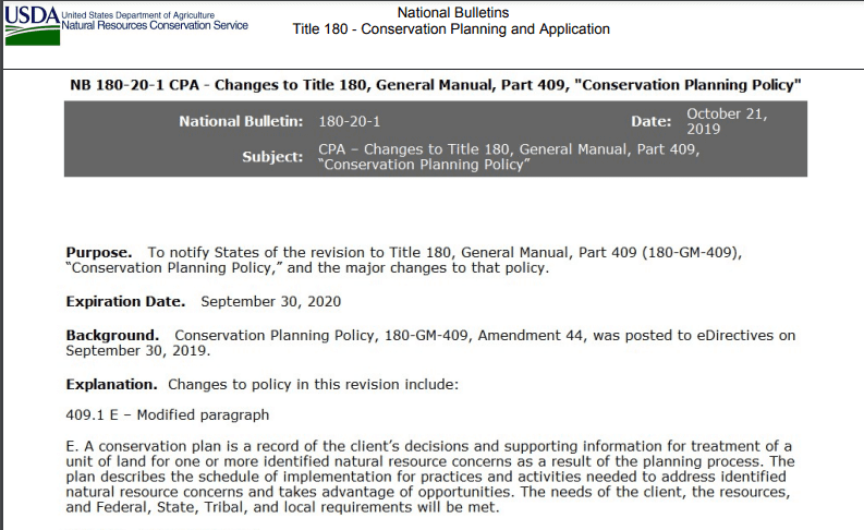 National Bullet-NB-180-20-1, CPA-Cambios al Título 180, Manual general, Parte 409, "Política de planificación de la conservación"