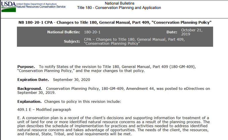 National Bullet-NB-180-20-1, CPA- การเปลี่ยนแปลงหัวข้อ 180, คู่มือทั่วไป, ตอนที่ 409,“ นโยบายการวางแผนการอนุรักษ์”