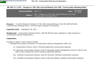 National Bulletin-NB-180-21-2, CPA-Changes to Title 180, General Manual, Part 409, “Conservation Planning Policy”