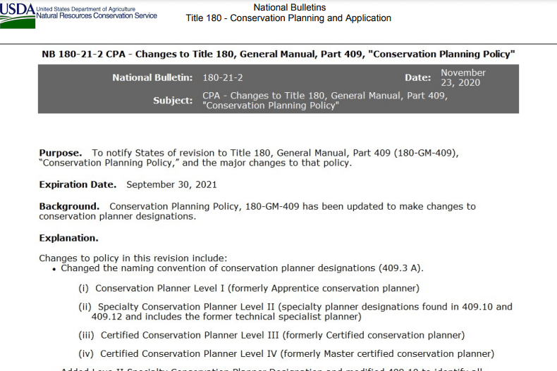 National Bulletin-NB-180-21-2, CPA-Changes to Title 180, General Manual, Part 409, “Conservation Planning Policy”